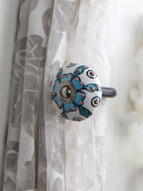 WHITE BASE TURQUOISE LEAF DESIGN CURTAIN TIE BACKS HOOK - (SET OF TWO PIECES)